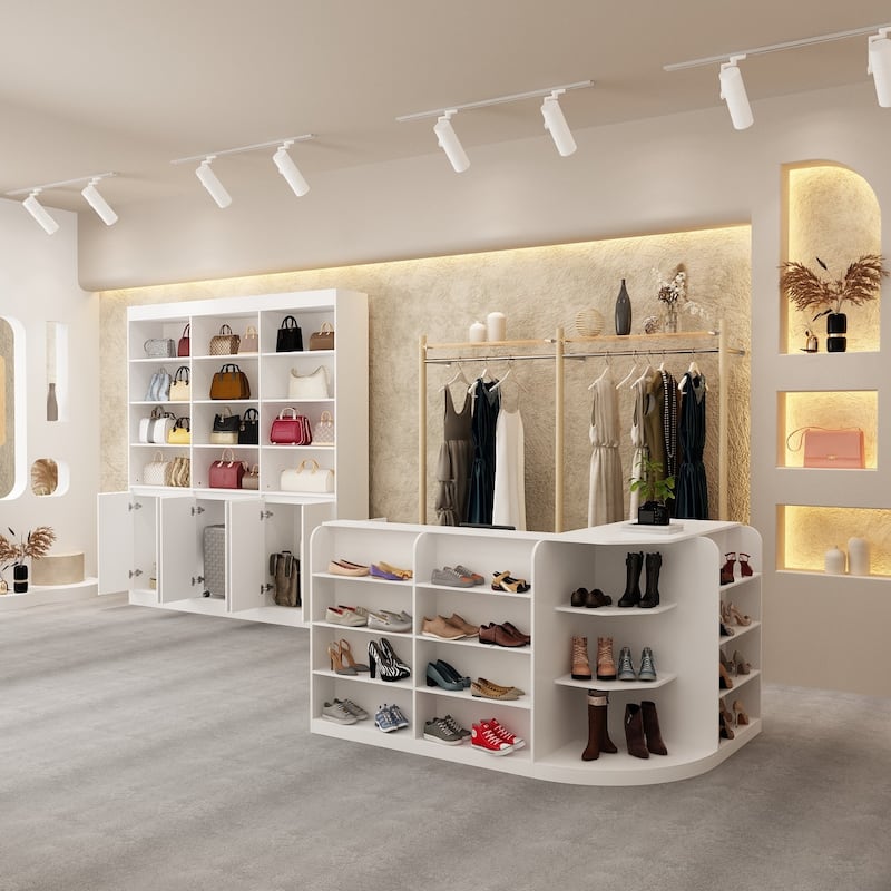 70.9" White Curved Front Desk with Shelving and Storage Reception Desk