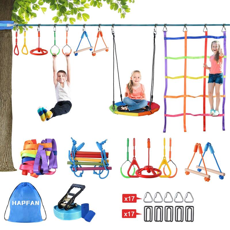 Ninja Warrior Obstacle Course for Kids with Swing, Tree Slackline Jungle Gym Outdoor