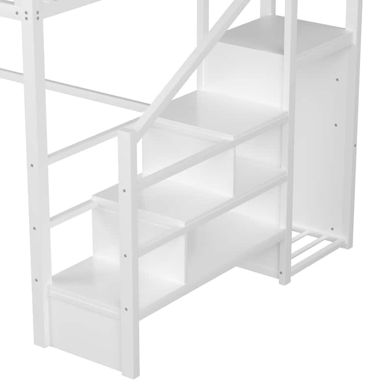 High Loft Bed Frame with Storage Stairs and Wardrobe, Loft Metal Frame Bed with High House Shaped Guardrails for Kid Teens
