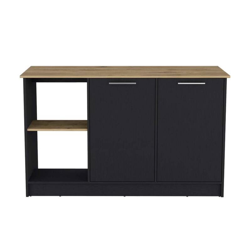 Large Surface Kitchen Island with Double Door Cabinet, Inner Shelves, and Open Storage for Pots, Pans, and Decor