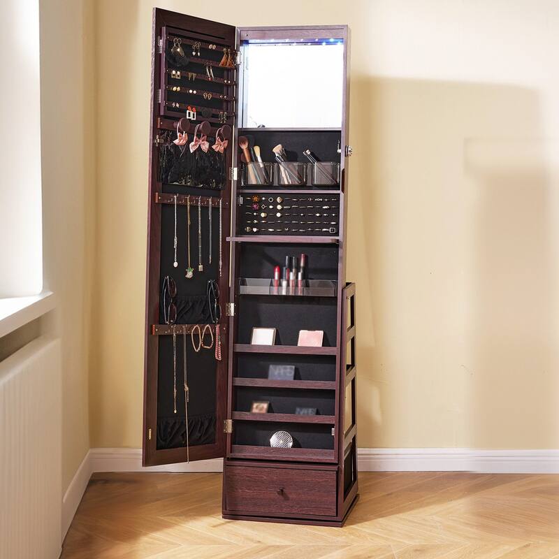 3-in-1 Functionality Freestanding Rotating Jewelry Mirror with Lockable Storage and Ample Ring Slots - 15.35 x 14.4 x 63 in