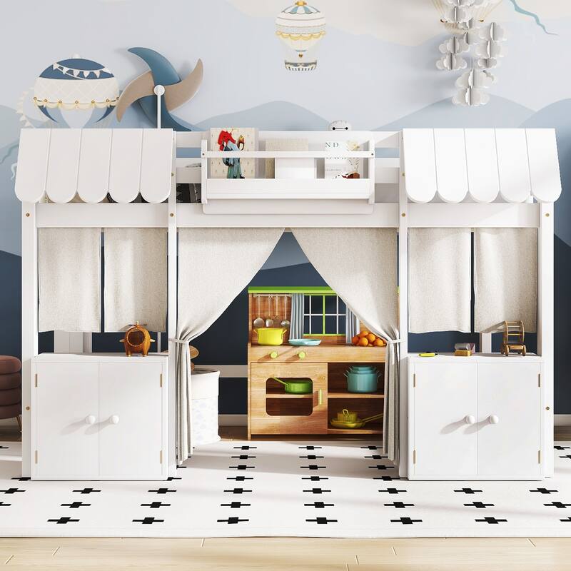 Fairy Tale Cottage Loft Bed with Tent, Bookshelf and Storage Cabinets