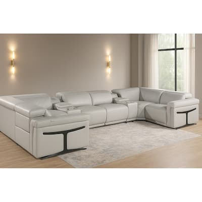 HomeRoots Light Gray Italian Leather Power Reclining U Shaped Eight Piece Corner Sectional With Console