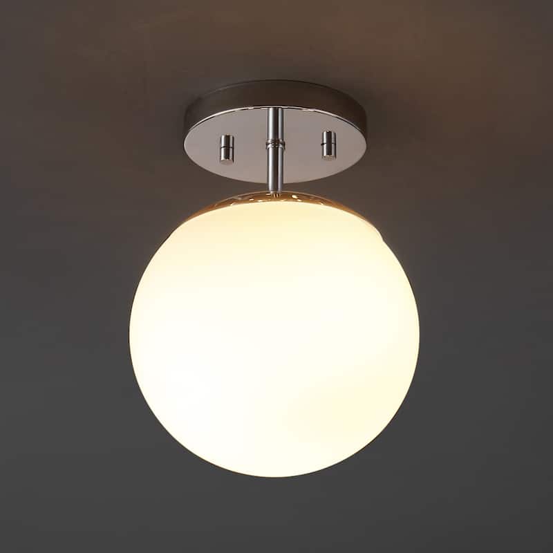 Galax Bistro 7.75" 1-Light Bohemian Farmhouse Iron/Frosted Glass LED Semi Flush Mount, Brass Gold/White by JONATHAN Y