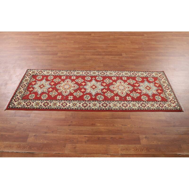 Geometric Red Kazak Runner Rug Hand-Knotted Wool Carpet - 2'1" x 6'0"