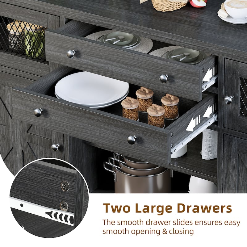 59" Coffee Bar Cabinet Barn Door Storage Cabinet With 2 Large Drawers & Visual Grid Door