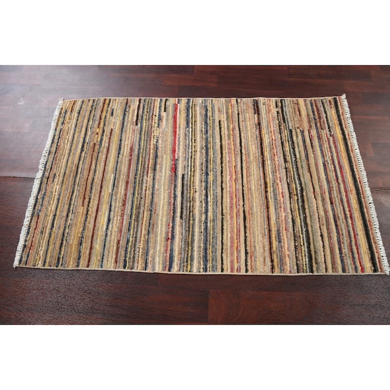 Striped Modern Gabbeh Kashkoli Area Rug Wool Hand-knotted Foyer Carpet - 3'1" x 5'2"