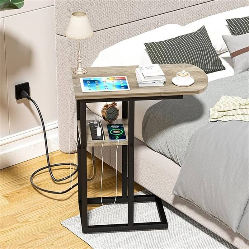 C Shaped End Table with Charging Station - 20.6"D x 11.8"W x 27.8"H - Greige