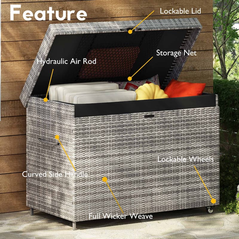 230 Gallon Wicker Deck Box Outdoor Storage with Wheels and Lockable Lid