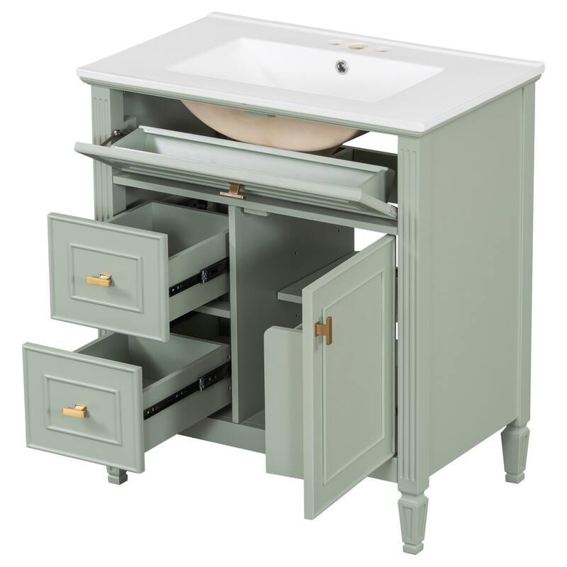 Roomfitters 30" Bathroom Vanity with Ceramic Sink, Solid Wood Frame with Flip Drawer, 2 Side Drawers & Adjustable Shelf