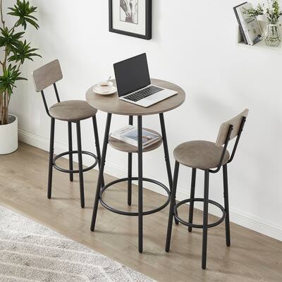 Round Bar Table Set with 2 Bar stools PU Soft Seat with Backrest - 23.62’’L*23.62’’W*35.43’’H