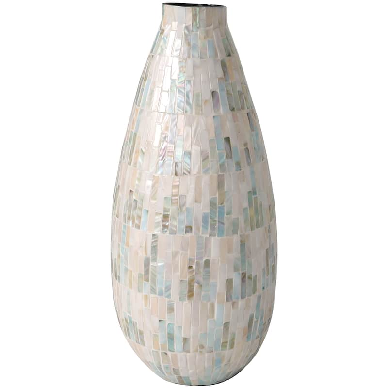 White Mother of Pearl Shell Handmade Mosaic Inspired Decorative Vase with Pastel Blue and Pink Accents
