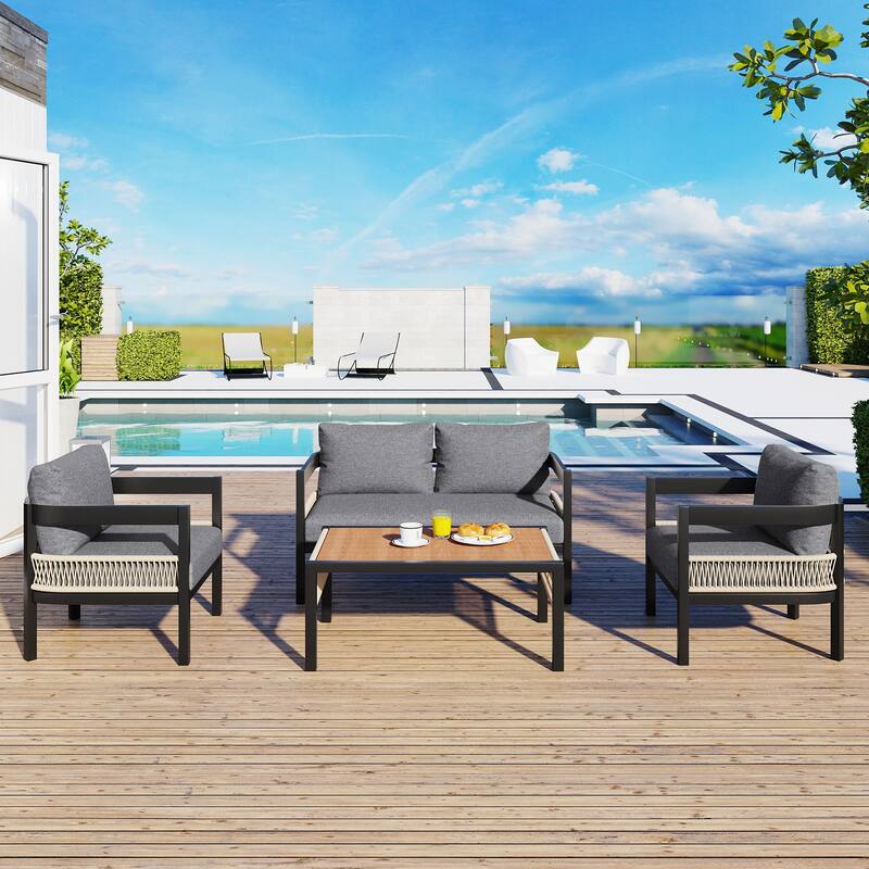Roomfitters Multi-Person Outdoor Iron Sofa Set with Table, Rattan Decoration, Waterproof, Rust-Proof for Garden, Lawn