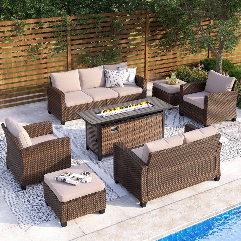 9-Seat Patio Furniture Wicker Rattan Outdoor High-back Sectional Sofa Conversation Set with Firepit Table - 9 Seats + 56" Fire Pit - Beige