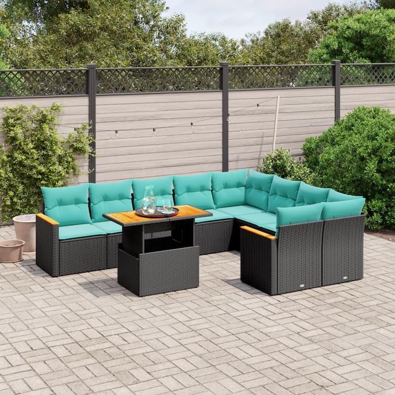 vidaXL Patio Sofa Set with Cushions Outdoor Furniture 10 Piece Poly Rattan - 24.4 x 24.4 x 27.2 - Black