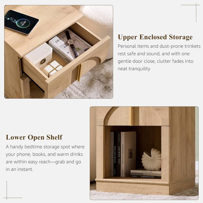 Modern Nightstand w/ Arched Panel, Bedside Table w/ Charging Station