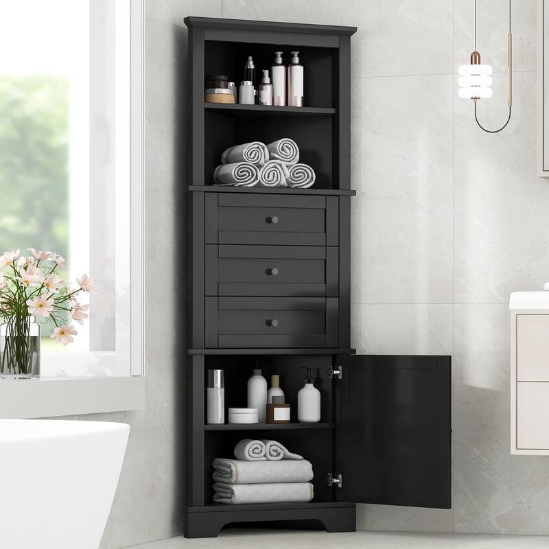 GDFStudio - Triangle Tall Corner Storage Cabinet with 3 Drawers and Adjustable Shelves for Bathroom - Triangle Tall Cabinet - Black