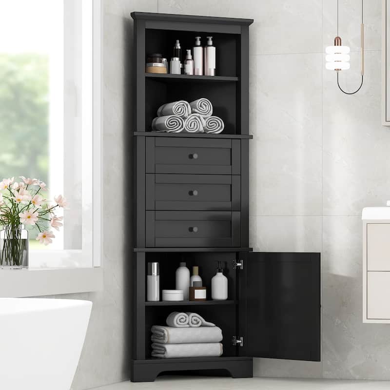 Triangle Tall Cabinet Storage Corner Cabinet with Open Shelves, 3 Drawers and Adjustable Shelves for Bathroom Kitchen Livingroom
