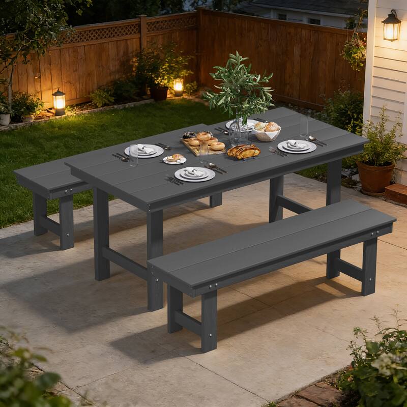 3-Piece HDPE Outdoor Dining Set with Umbrella Hole Table and Two 2-Person Benches