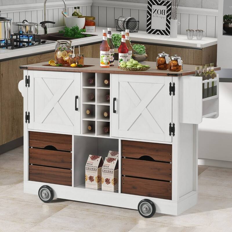Farmhouse 54" Kitchen Island Cart with Drop Leaf Power Outlet, Rolling Kitchen Island on 4 Large Wheels with Spice Rack