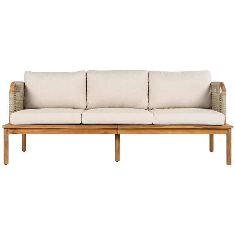 Roomfitters Outdoor 4-Piece Acacia Wood and Rope Patio Sofa Set with Coffee Table, Beige Cushions