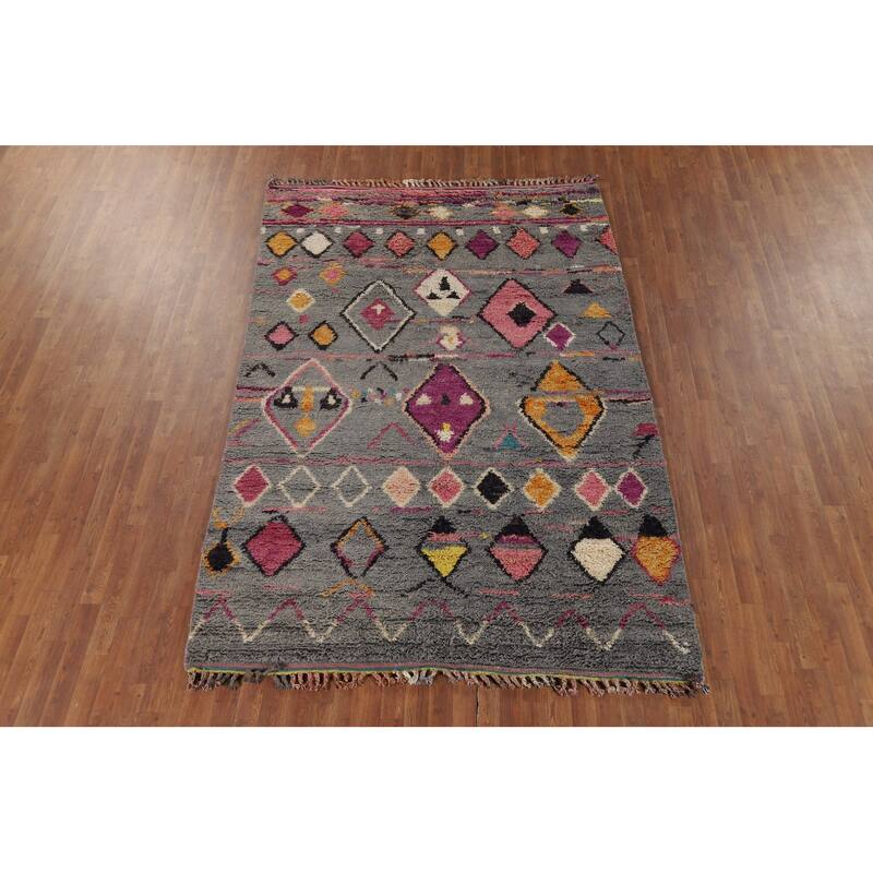 Grey Geometric Plush Moroccan Oriental Rug Hand-Knotted Wool Carpet - 6'1" x 9'5"