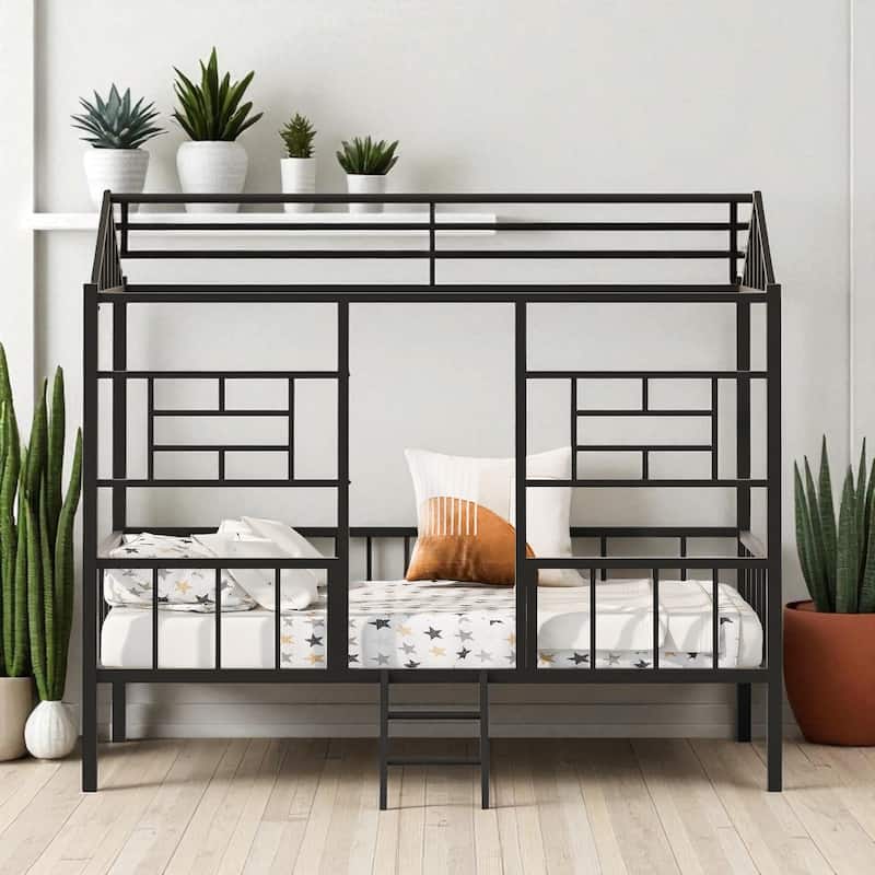 Twin Size Metal House Bed Frame for Kids with Slats and Roof Design, No Box Spring Needed