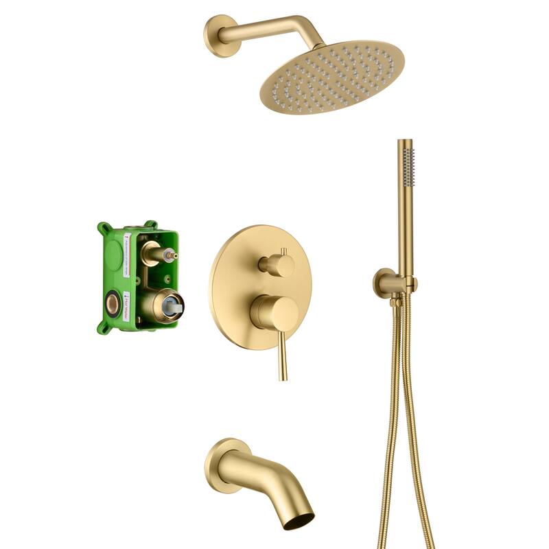 Brushed Gold Shower System with Tub Spout and Handheld Shower, Roughin