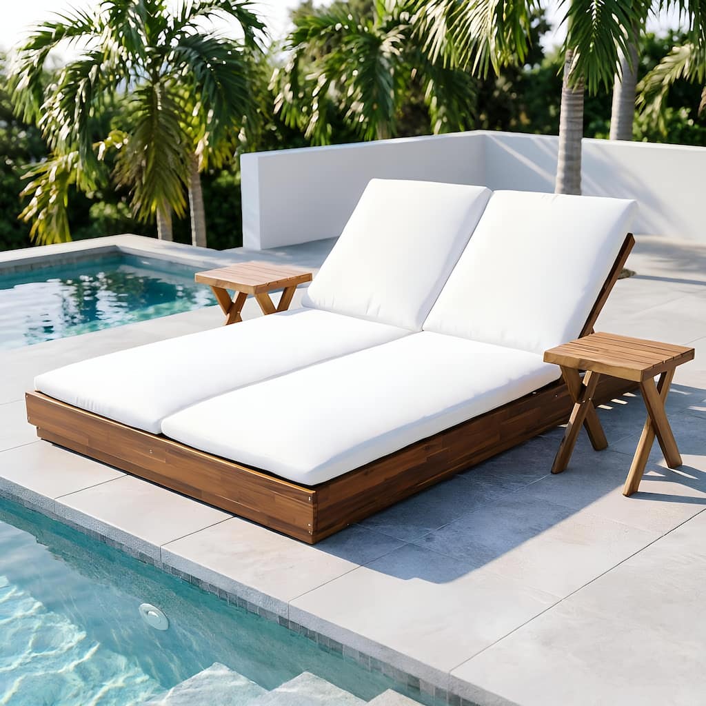 Christopher Knight Home - Modern Acacia Wood Outdoor Patio Sunlounge Set with Adjustable Backrests & Side Table