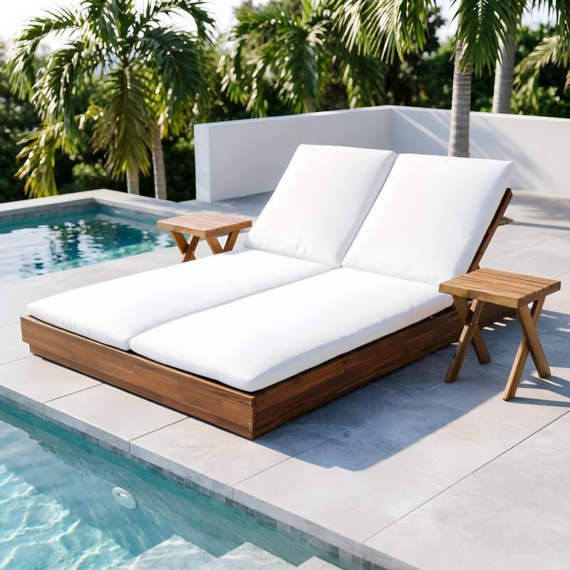 Christopher Knight Home - Modern Acacia Wood Outdoor Patio Sunlounge Set with Adjustable Backrests & Side Table - 3-Piece Set-Light Brown+Beige