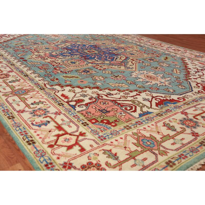 Light Blue Geometric Heriz Serapi Indian Area Rug Handmade Wool Carpet - 8'10"x 11'10" - 8'10"x 11'10" - Blue