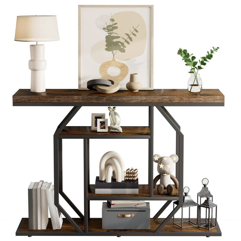 Console Table Industrial 4-Tier Entryway Table Narrow Wood Accent Tables with Storage Shelves for Living Room, Hallway, Foyer