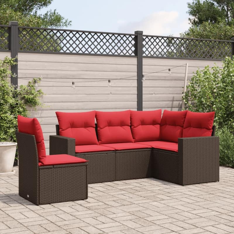 vidaXL Patio Sofa Set with Cushions Outdoor Conversation Furniture Poly Rattan - 25.8" x 24.4" x 27.2" - Brown and red without table