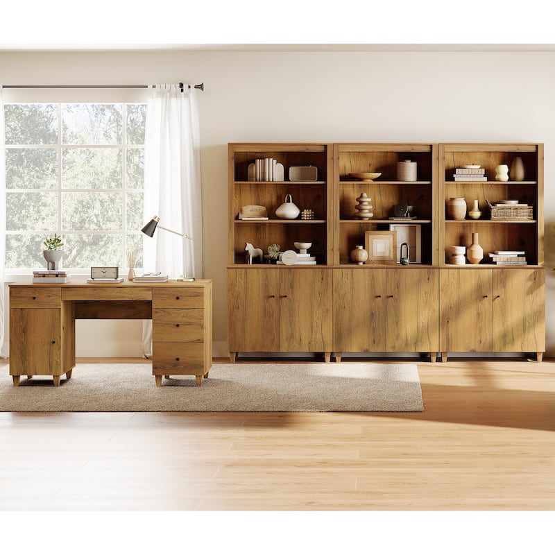 WAMPAT Home Office Furniture Set, 58" Executive Desk with Cabinet, 3-Column 71" Tall Bookcase with Doors and Adjustable Shelves