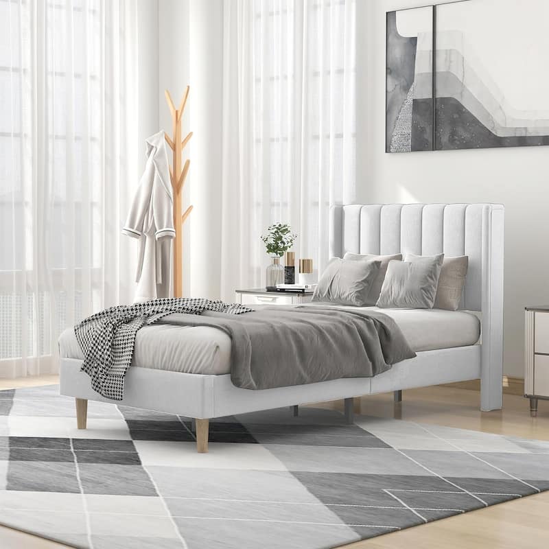 Alazyhome Upholstered Platform Bed Frame - White Linen - Twin
