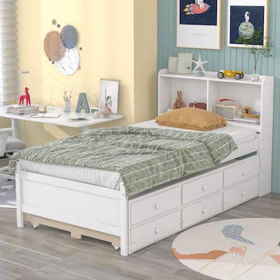Twin Size Platform Bed Wood Frame Bed with Storage Headboard and Twin Trundle Bed, 2 Storage Drawers Design for Kids Teens