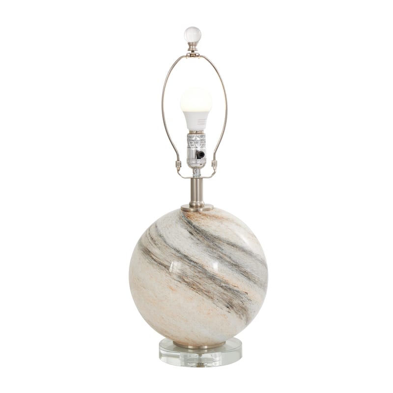 Beige Glass Round Accent Lamp with Marble Inspired Design and Gold Accents