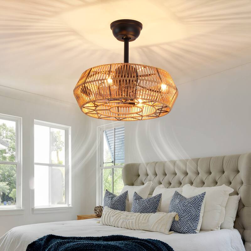 19 in. Rattan Indoor Ceiling Fan with Lights, 6-Speed Remote Control and DC Motor for Small Bedroom