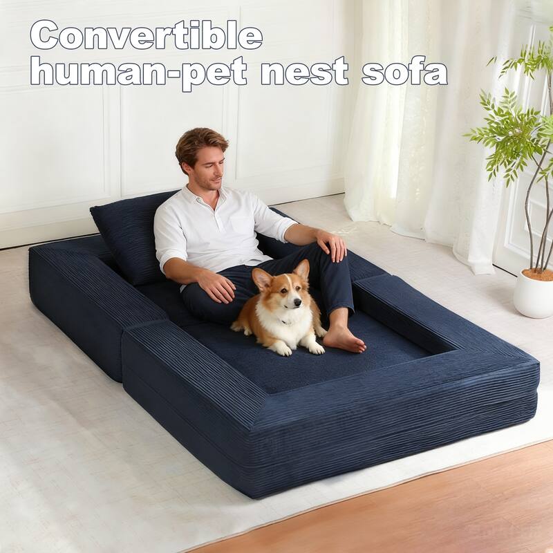 Compression Human Dog Sofa Bed for Adult & Pets, Modern Floor Couch With Pillow for Living Room Bedroom, Corduroy Fabric
