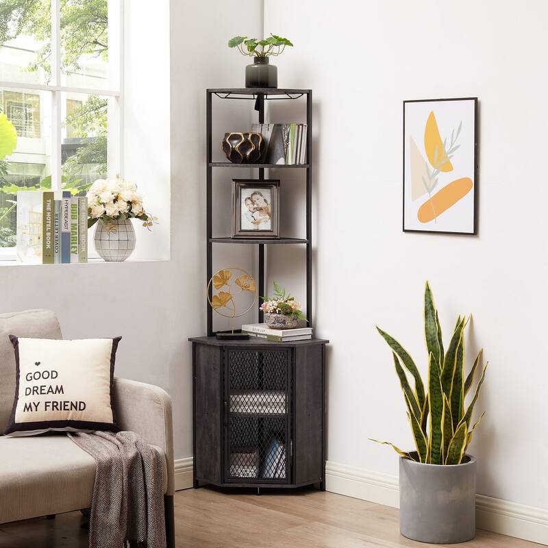 Javlergo 5-tier Wood Bookshelf Bookcase Display Corner Shelf with Storage and Glass Holder 63" Wine Bar - 1 PCS - Charcoal Grey