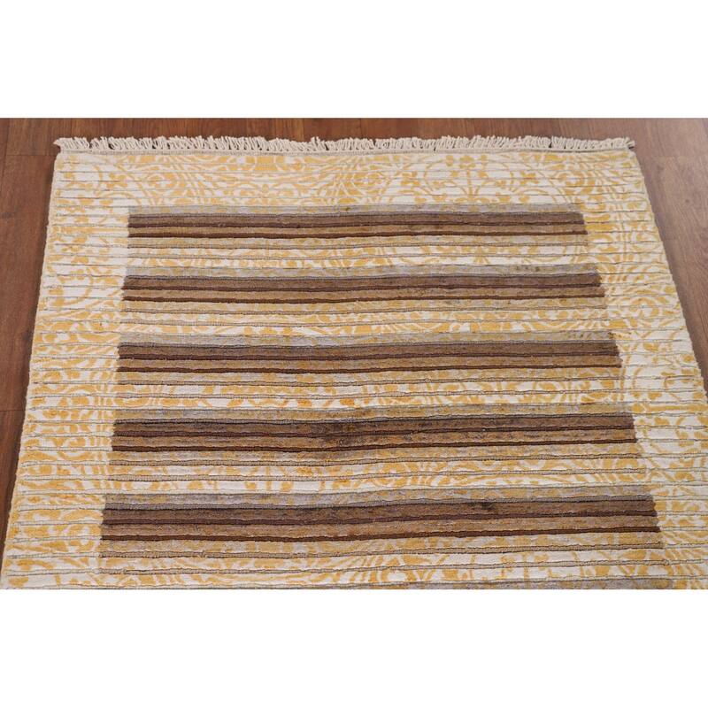 Striped Modern Abstract Accent Rug Handmade Yellow Wool Carpet - 2'9"x 4'10"