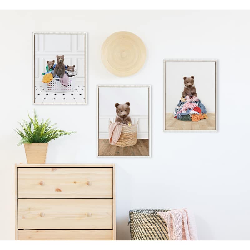 Sylvie Beaded Bear Cub In Laundry Basket Framed Canvas by Amy Peterson