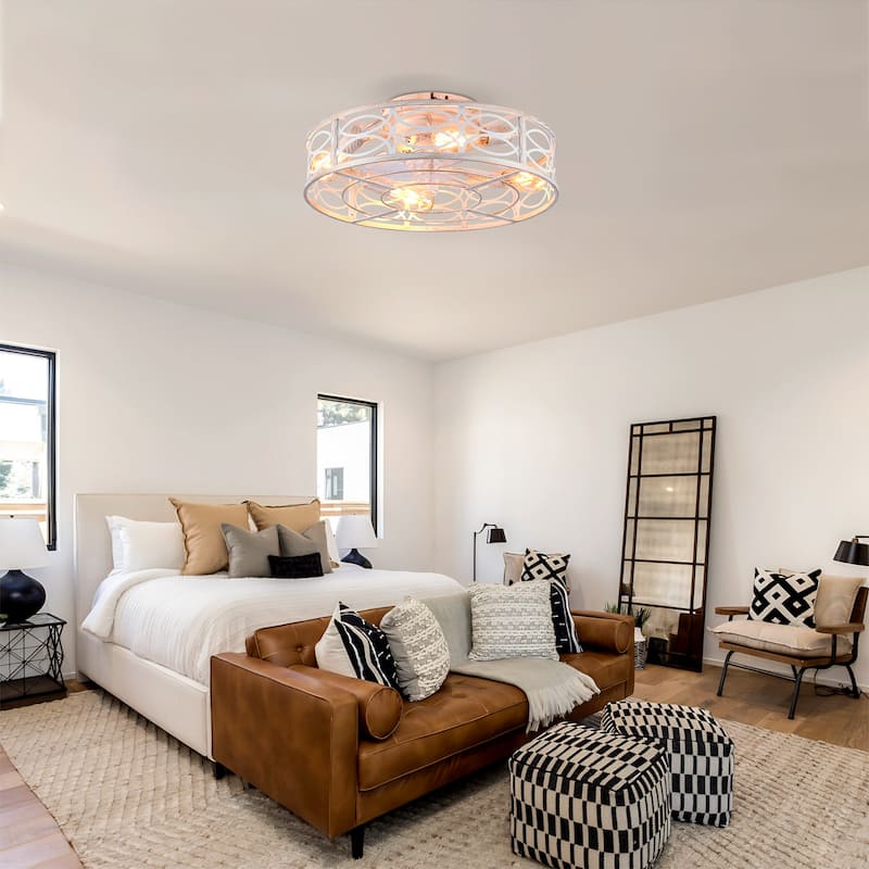 20 inch Flush Mount Ceiling Fan Light with Remote Caged Farmhouse Fandelier Black Wood Low Profile