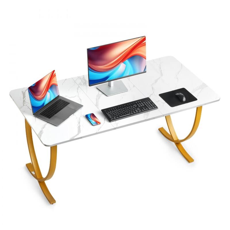 63 Inch White and Gold Computer Desk with Steel Frame for Large Home or Office