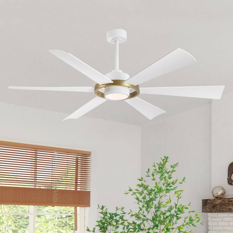 60" Large Modern 6-Blade Ceiling Fan with LED Light and Remote Control - White/Gold