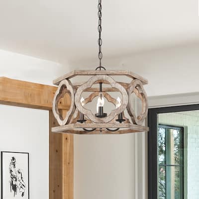 Clovy Modern Farmhouse 4-Light Wood Drum Lantern Chandelier for Dining Room - D 18" x H 12.5"