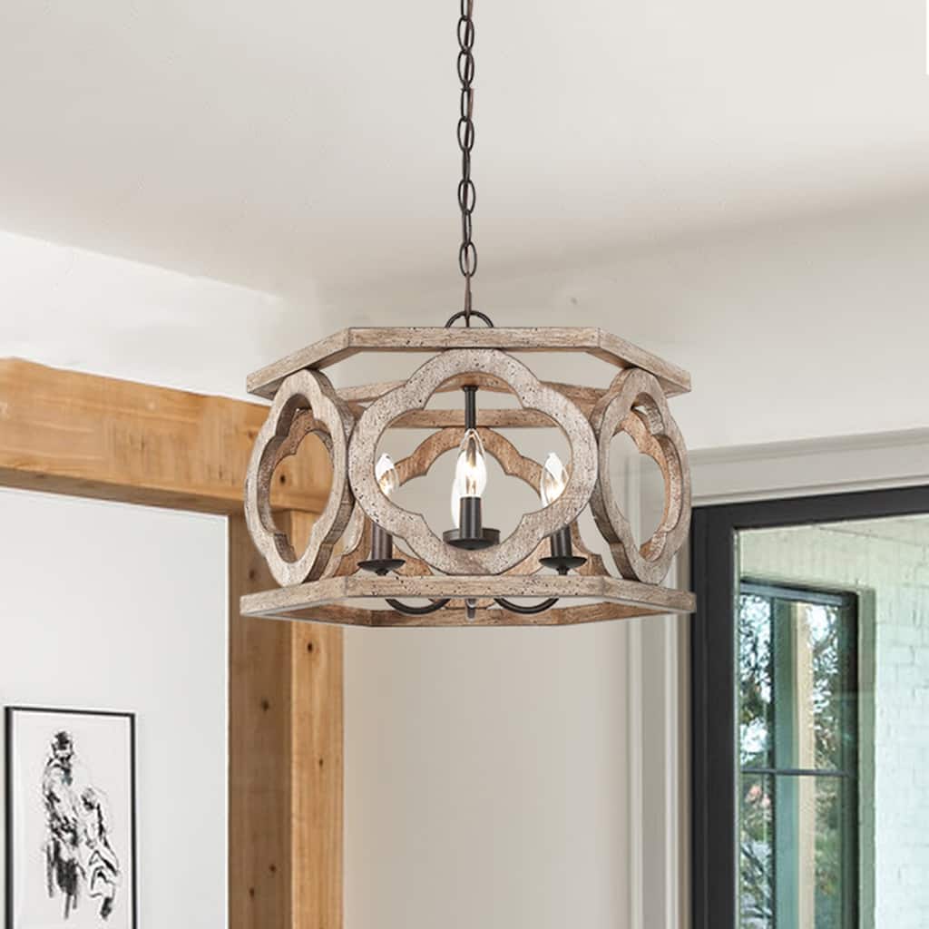 Clovy Modern Farmhouse 4-Light Wood Drum Lantern Chandelier for Dining Room - D 18" x H 12.5"