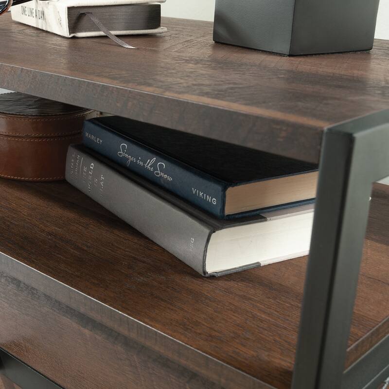 Brown Oak Finish Side Table with Drawer and Open Shelf for Versatile Use