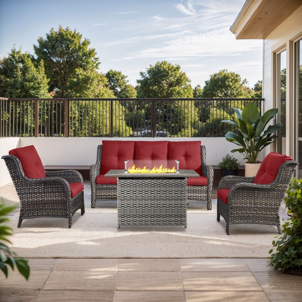 Gymojoy 4-Piece Outdoor Wicker Furniture Set, 2 Patio Chairs, 3-Seat Sofa & Fire Pit Table