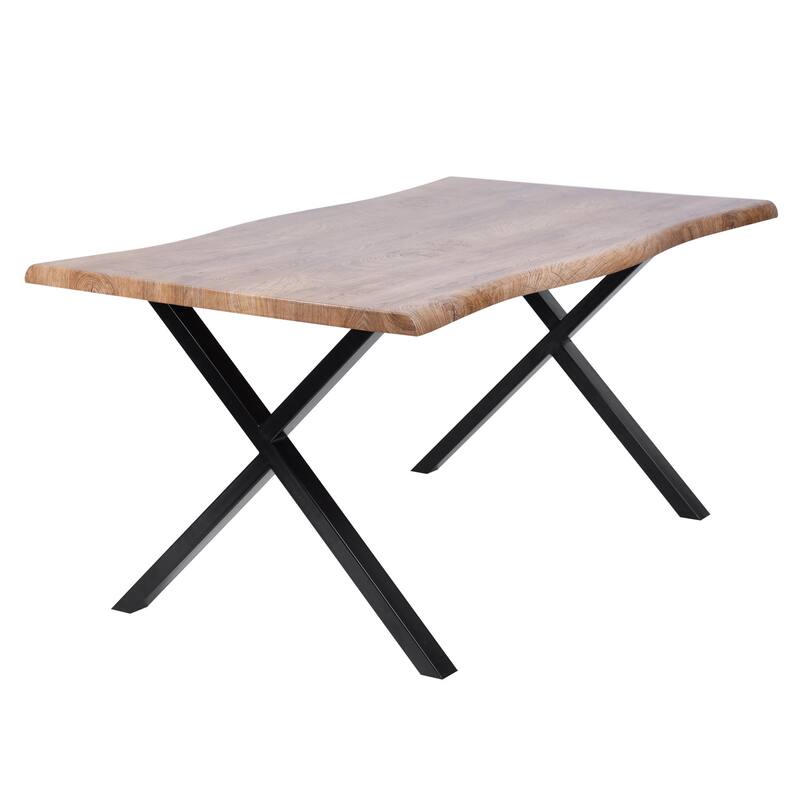 63-inch Live Edge Wood Dining Table with Black X-Frame Metal Legs – Modern Industrial Dining Room Table - Dark Walnut